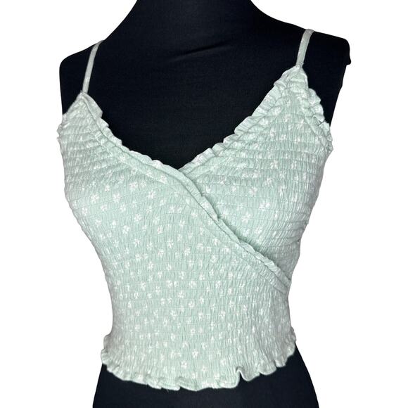 Hollister Co Crop Top Womens Small Green Ditsy Floral Smocked Ruffle Y2K Cali - Picture 1 of 9